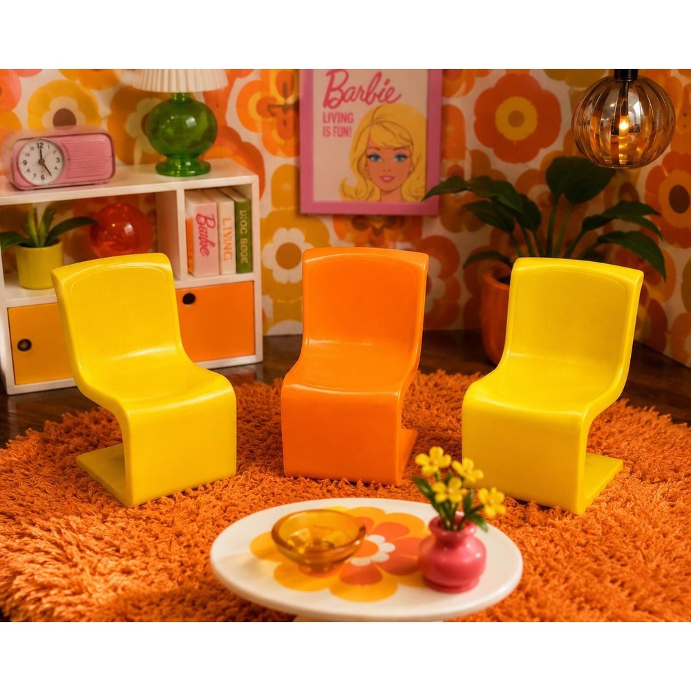 Vintage 1973 Barbie Dollhouse Chairs Set of 3 Yellow Orange Mod Furniture
